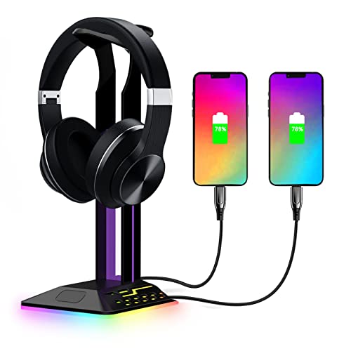 VBESTLIFE RGB-Kopfhörerständer, Multifunktions-Schreibtisch-Gaming-Headset-Halter mit 2 USB-Ladeanschlüssen, Geeignet für Gamer-Desktop-Tischspiel-Kopfhörer-Zubehör von VBESTLIFE