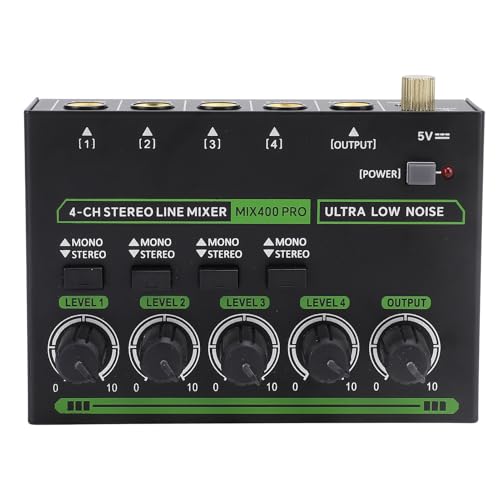 VBESTLIFE Stereo-Sound-Mixer, 4-Kanal-Stereo-Kopfhörer-Splitter, RGB-Licht, Geräuscharm, Tragbarer DJ-Controller-Sound-Mixer, für Keyboards, Drum-Racks oder Sub-Mixing (EU-Stecker 100–240 V) von VBESTLIFE