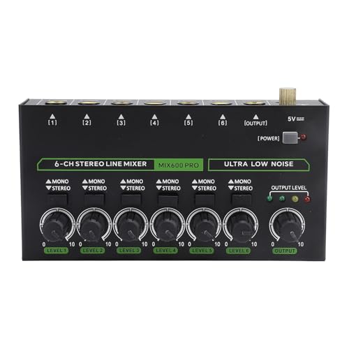 VBESTLIFE Stereo-Soundmixer, 6-Kanal-Stereo-Kopfhörer-Splitter, Tragbarer DJ-Controller-Soundmixer, für Keyboards, Kleine Bühnen-Setups, Drum-Racks oder Sub-Mixing (EU-Stecker 100–240 V) von VBESTLIFE
