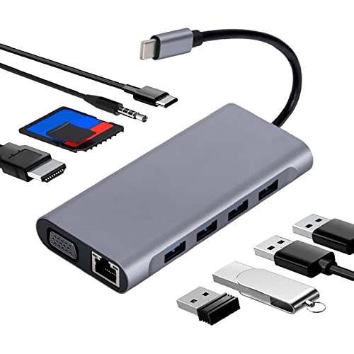 VBESTLIFE Typ-C-Hub, 11-in-1-USB-C-zu-4K@30-Hz-HDMI-Multiport-Adapter, VGA, PD, USB 3.0-Anschlüsse, Speicherkartenleser, 87 W PD, 100 Mbit/s RJ45, für Typ-C-Geräte von VBESTLIFE