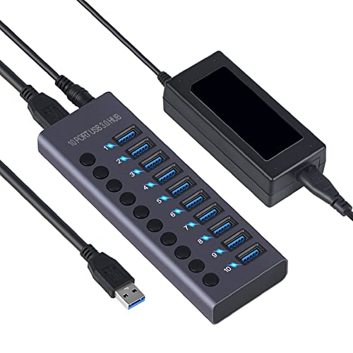 VBESTLIFE USB 3.0-Hub mit Stromversorgung, 10 Anschlüsse, 60 W, USB-Multiport-Adapter, Gehäuse aus Aluminiumlegierung, USB 3.0-Dockingstation mit Einzelnen LED-Netzschaltern, 5 Gbit/s Hohe von VBESTLIFE