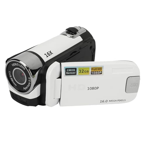 Videokamera-Camcorder, 1080P 16 MP Digitalkamera-Recorder, 2,4 Zoll Drehbarer Bildschirm, 16-facher Digitalzoom-Camcorder-Kamera mit Fülllicht (White) von VBESTLIFE