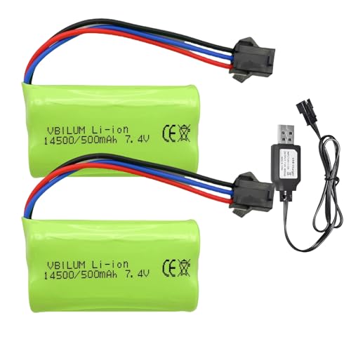 7,4V 500mAh 3,7Wh Akku SM-3P Stecker Lithium-Ionen Akku und USB-Ladekabel für MN82 RC Auto Rock Crawler LC79 1/12 RC Truck, 1/16 RC-Drift-Auto Akku Ferngesteuertes Auto Akku (2 Stück) von VBILUM