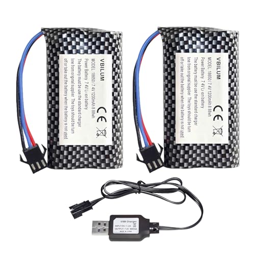 VBILUM Wiederaufladbarer Akku 7,4V 1200mAh für Huina 1575 RC LKW DE43 DE60 RC Auto MN99 MN98 MN78 SGP06 Jeep Ferngesteuerter Akku mit Kabel Ladegerät von VBILUM