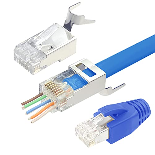 VCELINK 2. Gen. RJ45 Stecker Cat 7 Cat6A Netzwerkstecker Cat7 Cat6A Pass Through RJ45 Stecker für Verlegekabel Cat7 Cat6A Geschirmt mit Einfädelhilfe und Knickschutz 10 Stück Blau von VCELINK