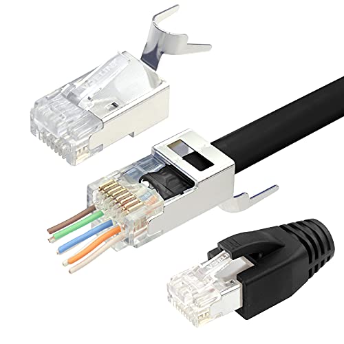 VCELINK 2. Gen. RJ45 Stecker Cat 7 Cat6A Netzwerkstecker Cat7 Cat6A Pass Through RJ45 Stecker für Verlegekabel Cat7 Cat6A Geschirmt mit Einfädelhilfe und Knickschutz 20 Stück Schwarz von VCELINK