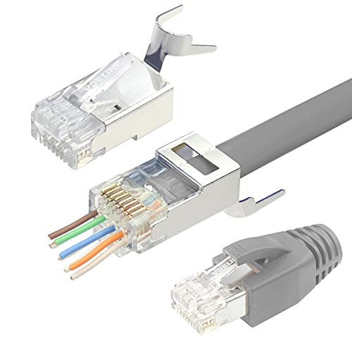 VCELINK 2. Gen. RJ45 Stecker Cat 7 Cat6A Netzwerkstecker Cat7 Cat6A Pass Through RJ45 Stecker für Verlegekabel Cat7 Cat6A Geschirmt mit Einfädelhilfe und Knickschutz Grau 10 Stück von VCELINK