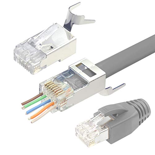 VCELINK 2. Gen. RJ45 Stecker Cat 7 Cat6A Netzwerkstecker Cat7 Cat6A Pass Through RJ45 Stecker für Verlegekabel Cat7 Cat6A Geschirmt mit Einfädelhilfe und Knickschutz Grau 20 Stück von VCELINK