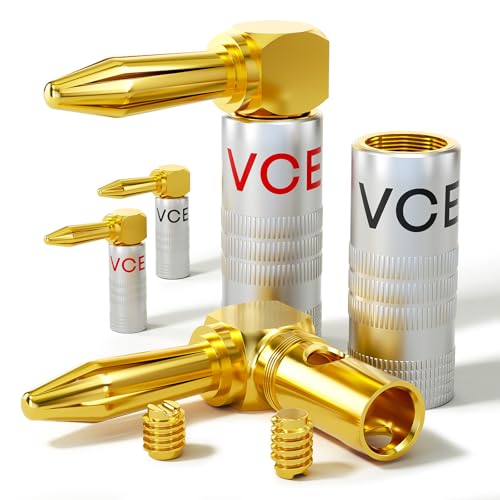 VCELINK 4 Stück Bananenstecker 90° Gewinkelt, 24K Vergoldete Bananenstecker Lautsprecher, Dual-Schraube, für 12-18 AWG Kabel, Wandplatte, Heimkino VCELINK 4 Stück Bananenstecker 90° Gewinkelt, 24K Vergoldete Bananenstecker Lautsprecher, Dual-Schraube, für 12-18 AWG Kabel, Wandplatte, Heimkino von VCELINK