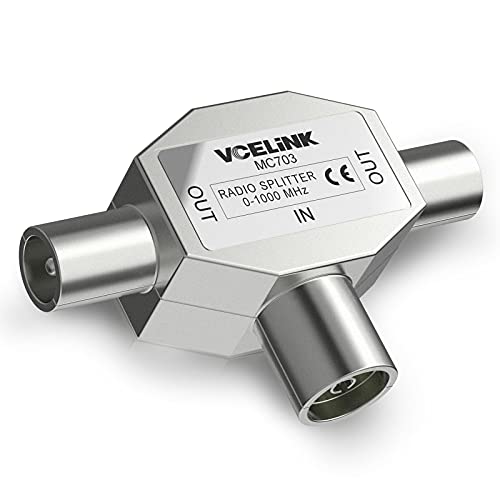 VCELINK Antennenverteiler 2Fach, Antennenkabel Verteiler, T-Adapter Verteiler 2x Koax Stecker für Digitales TV und Kabel TV, Geschirmtes Metallgehäuse, T-Kupplung 0-1000Mhz, Silber,1 Stück von VCELINK