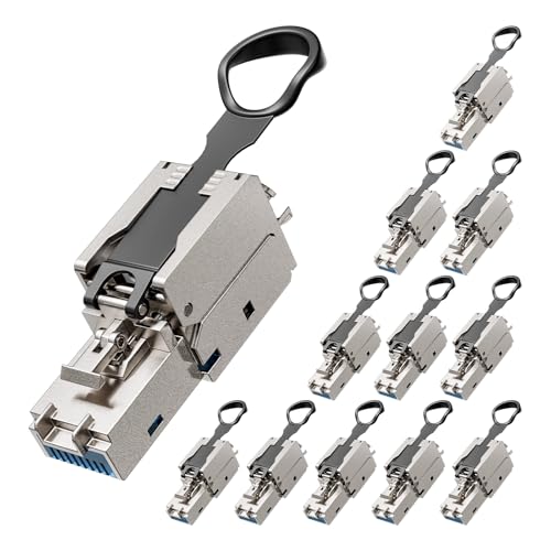 VCELINK RJ45 Stecker, Wiederverwendbare Werkzeugfreie Cat 7 Stecker, Cat6A Geschirmte Netzwerkstecker für 22-26AWG FTP STP SFTP UTP Kabel, 10 Gbps 600MHz, Vergoldet, 12 Stück von VCELINK