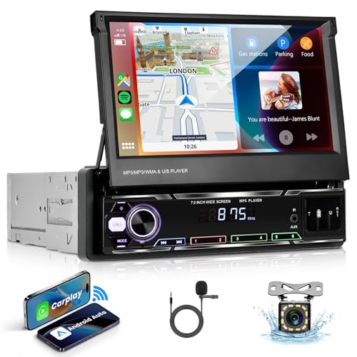 VECHTEL 1 Din Autoradio mit Drahtlos Carplay Android Auto, 7 Zoll klappbarer Autoradio Bluetooth Touchscreen, FM RDS Radio, Mirror Link, 2 USB, SWC, Mikrofon, Rückfahrkamera VECHTEL 1 Din Autoradio mit Drahtlos Carplay Android Auto, 7 Zoll klappbarer Autoradio Bluetooth Touchscreen, FM RDS Radio, Mirror Link, 2 USB, SWC, Mikrofon, Rückfahrkamera von VECHTEL