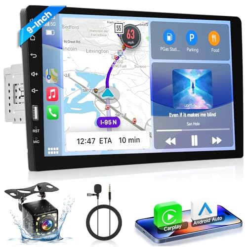 VECHTEL Autoradio 1 Din mit Kabelgebundenem Carplay Android Auto, 9-Zoll-Touchscreen-Autoradio, FM-Radio, unterstützung Spiegel Link, USB, Lenkrad-Bedienelemente, Mikrofon, Rückfahrkamera von VECHTEL