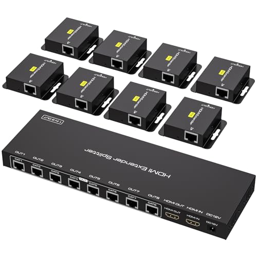 VEDINDUST HDMI Extender Splitter 1 In 8 Out Bis zu 50M/165FT über Cat6/7 Ethernet-Adapter Mit 1 HDMI-Loop-Out, unterstützt EDID-Replikation 1080P@60Hz POC von VEDINDUST