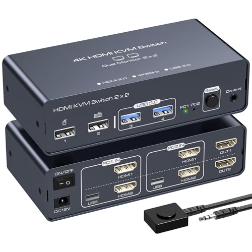 VEDINDUST KVM Switch 2 Monitore 2 Computer 4K60HZ Dual HDMI Share 4 USB Geräte mit Desktop Controller Aluminium von VEDINDUST