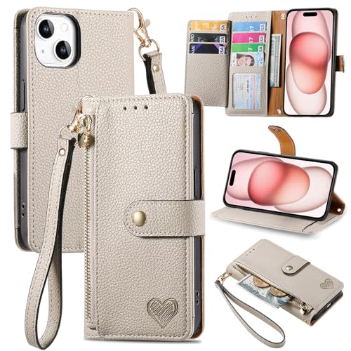 VEEMOS Handyhülle für Apple iPhone 15 Hülle Klappbar Klapphülle Schutzhülle mit Kartenfach RFID Reißverschluss Handy Tasche Leder Flip Case Cover Handytasche Frauen - Grau von VEEMOS