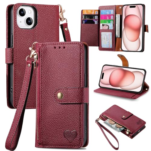 VEEMOS Handyhülle für Apple iPhone 15 Hülle Klappbar Klapphülle Schutzhülle mit Kartenfach RFID Reißverschluss Handy Tasche Leder Flip Case Cover Handytasche Frauen - Rot von VEEMOS