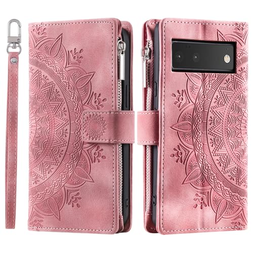 VEEMOS Handyhülle für Google Pixel 6 hülle Klappbar Blumen Handytasche Schutzhülle Klapphülle mit Kartenfach Handy Tasche Book Cover Flip Case Ständer - Rosa von VEEMOS