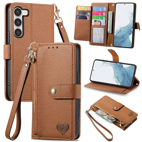 VEEMOS Handyhülle für Samsung Galaxy S23 5G Hülle Klappbar Klapphülle Schutzhülle mit Kartenfach RFID Reißverschluss Handy Tasche Leder Flip Case Cover Handytasche Frauen - Braun von VEEMOS