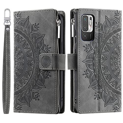 VEEMOS Handyhülle für Xiaomi Redmi Note 10 5G hülle Klappbar Blumen Handytasche Schutzhülle Klapphülle mit Kartenfach Handy Tasche Book Cover Flip Case Ständer - Grau von VEEMOS