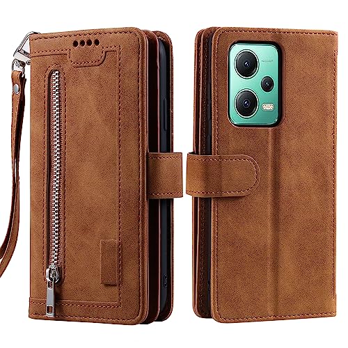 VEEMOS Handyhülle für Xiaomi Redmi Note 12 5G hülle Klappbar Handytasche Schutzhülle Klapphülle mit Kartenfach Handy Tasche Book Cover Flip Case Ständer - Braun von VEEMOS