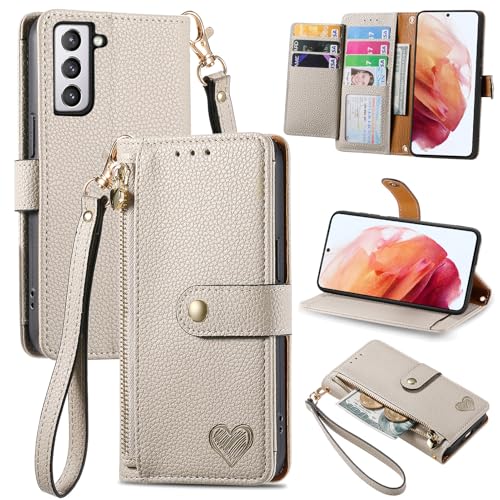 VEEMOS Schutzhülle mit Reißverschluss für Samsung Galaxy S21 5G, Handyhülle mit Geldbörse, Kartenfächern, RFID-blockierend, Leder-Klapphülle mit Handgelenkschlaufe, für Damen, Grau VEEMOS Schutzhülle mit Reißverschluss für Samsung Galaxy S21 5G, Handyhülle mit Geldbörse, Kartenfächern, RFID-blockierend, Leder-Klapphülle mit Handgelenkschlaufe, für Damen, Grau von VEEMOS