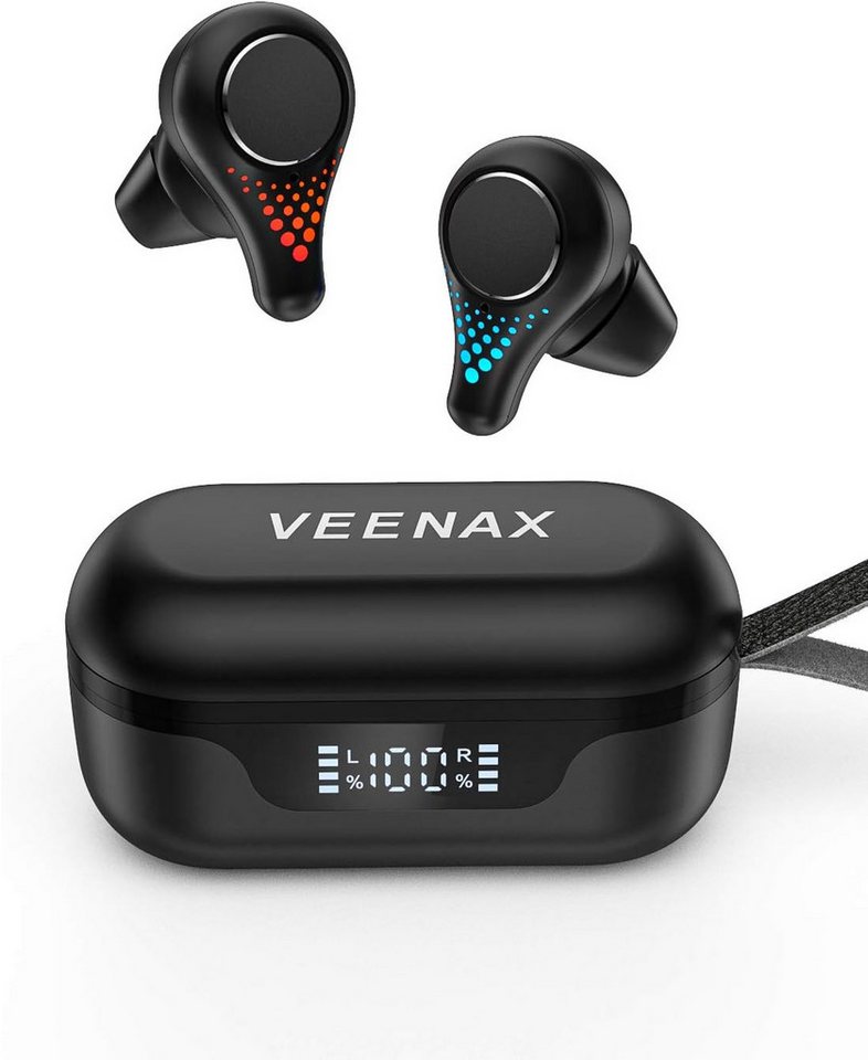 VEENAX Hi-Fi Stereo-Sound mit Mikrofon Touch Control CVC 8.0/USB-C 30H Std In-Ear-Kopfhörer (30 Stunden Akkulaufzeit: 5 Stunden Spielzeit pro Ladung, erweiterbar auf 30 Stunden mit dem Ladecase und 1 Stunde Spielzeit nach 10 Minuten Laden., Bluetooth, Ergonomisches Design & Touch-Control und 45°-Winkel mit 3 Ohrstöpsel) von VEENAX