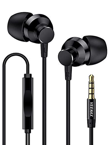 VEENAX M2 Kopfhörer In Ear, Wired Ohrhörer mit Mikrofon und Bass, Tangle-Free Kabel Earphones, Stereo Earbud Headphones für Handy Smartphone Computer Laptop Tablet MP3, 3,5 mm Klinke, Schwarz von VEENAX