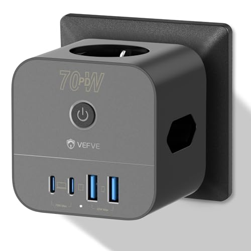 VEFVE 70 W USB C-Ladegerät, 7-in-1 würfelsteckdose mit Schalter, GaN-III Technologie, USB-Schnelllade-Mehrfachsteckdose für Laptop, Telefon, MacBook Pro, iPad Pro, iPhone, Galaxy von VEFVE