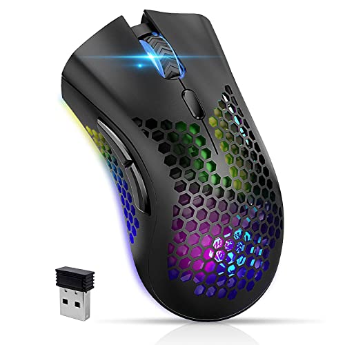 Kabellose Gaming-Maus, VEGCOO C8 Silent Click Wiederaufladbare Computermaus mit Wabenschale, 3 einstellbare DPI 400mAh Lithium-Batterie, USB-Empfänger, Ergonomische RGB-Spielermäuse für Laptop PC Mac von VEGCOO