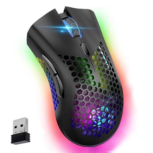 Kabellose Gaming-Maus, VEGCOO C8 Silent Click Wiederaufladbare Computermaus mit Wabenschale, 3 einstellbare DPI 400mAh Lithium-Batterie, USB-Empfänger, Ergonomische RGB-Spielermäuse für Laptop PC Mac von VEGCOO