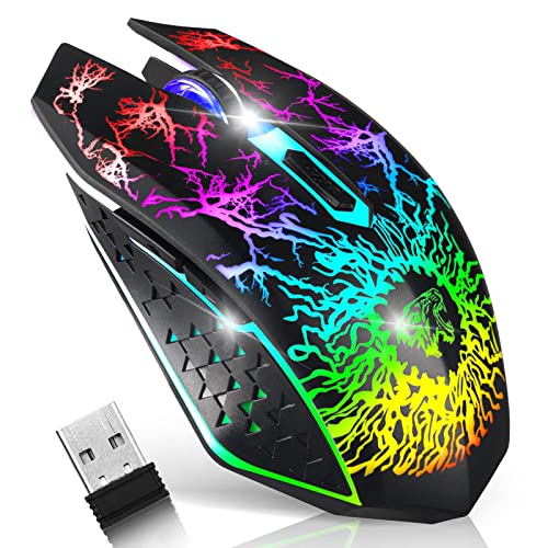 VEGCOO Gaming Maus Kabellose Mouse Gaming Silent Optical Sensor mit 1600/1200/800 DPI PC Maus Gaming mit 7 Lichtmodellen (schwarz) von VEGCOO