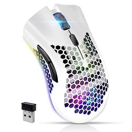 VEGCOO Gaming Mouse, Rechargeable Wireless Mouse with Honeycomb Wireless Gaming Mouse with RGB Light/Silent Click/Adjustable DPI, Optical Computer Mouse for Laptop PC Computer (C23 Weiß) von VEGCOO