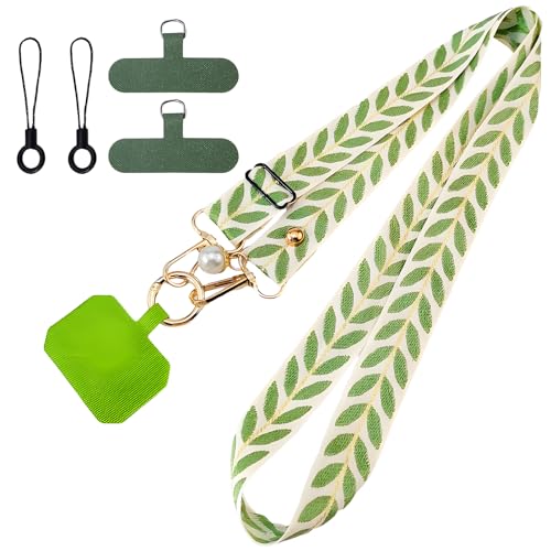 VEGCOO Handy Lanyard Set Universal Handykette Weinblätter Muster Schulterband mit Perlen Elegantes Smartphone Kreuzband mit Goldener Schnalle für Damen und Herren Outdoor, Reisen (Grün) von VEGCOO
