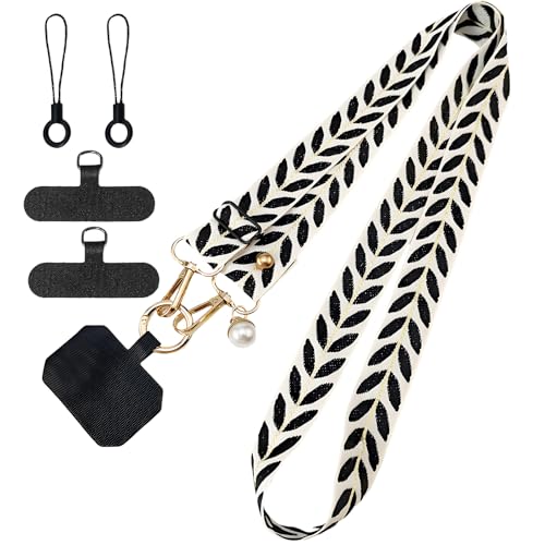 VEGCOO Handykette Universal Handy Lanyard mit Blatt Perlen Design Universelle Handytasche Kreuzband für Smartphones mit Schwarz Clip Gold Karabinerhaken und Nylon T Clip (Schwarz) von VEGCOO