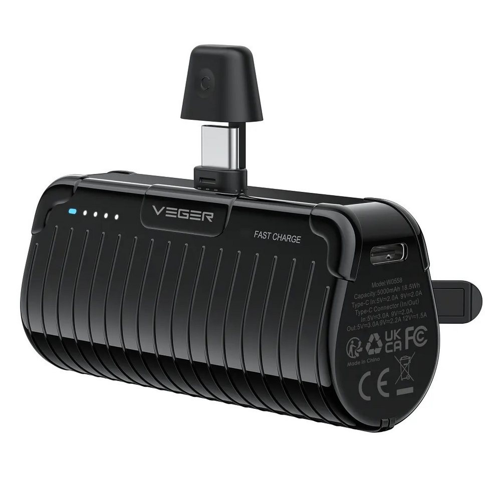 VEGER 5000mAh mit integriertem Typ C PlugOn PD QC3.0-Anschluss 3A 20W Powerbank (1 St) von VEGER
