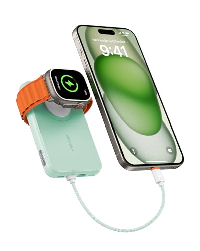 VEGER Mini Power Bank 20W PD, 10000mAh Powerbank mit Apple auf USB C Kabel, mit Apple Watch Laden, 2X USB-C, Externer Handyakkus LED Display kompatibel mit iPhone, Apple Watch(9-1), Handys usw(Grün) von VEGER