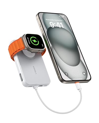 VEGER Mini Power Bank 20W PD, 10000mAh Powerbank mit Apple auf USB C Kabel, mit Apple Watch Laden, 2X USB-C, Externer Handyakkus LED Display kompatibel mit iPhone, Apple Watch(9-1), Handys usw(Weiß) von VEGER