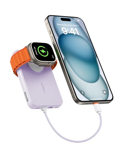 VEGER Mini Power Bank 20W PD, 10000mAh Powerbank mit Eingebautem Apple Kabel, mit Apple Watch Laden, 2x USB-C, Externer Handyakkus LED Display kompatibel mit iPhone, Apple Watch(9-1), Handys usw(Lila) von VEGER