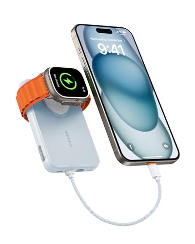 VEGER Mini Power Bank 20W PD, 10000mAh Powerbank mit Eingebautem Apple Kabel, mit Apple Watch Laden, 2x USB-C, Externer Handyakkus LED Display kompatibel mit iPhone, Apple Watch(9-1), Handys usw(Blau) von VEGER