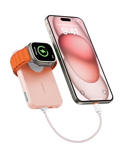 VEGER Mini Power Bank 20W PD, 10000mAh Powerbank mit Eingebautem Apple Kabel, mit Apple Watch Laden, 2x USB-C, Externer Handyakkus LED Display kompatibel mit iPhone, Apple Watch(9-1), Handys usw(Rosa) von VEGER