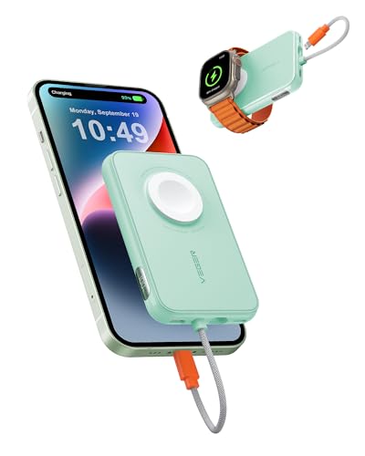 VEGER Mini Power Bank 20W PD, 5000mAh Powerbank mit Eingebautem Apple Kabel, mit Apple Watch Laden, 1x USB-C, Externer Handyakkus LED Display kompatibel mit iPhone, Apple Watch(8-1), Handys usw(Grün) von VEGER