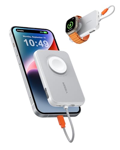VEGER Mini Power Bank 20W PD, 5000mAh Powerbank mit Eingebautem Apple Kabel, mit Apple Watch Laden, 1x USB-C, Externer Handyakkus LED Display kompatibel mit iPhone, Apple Watch(8-1), Handys usw(Weiß) von VEGER