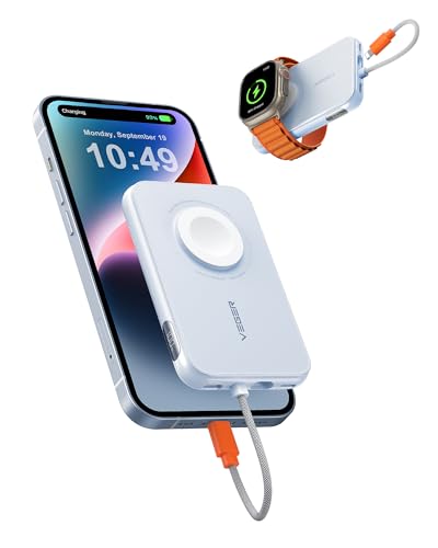 VEGER Mini Power Bank 20W PD, 5000mAh Powerbank mit Eingebautem Apple Kabel, mit Apple Watch Laden, 1x USB-C, Externer Handyakkus LED Display kompatibel mit iPhone, Apple Watch(8-1), Handys usw(Blau) von VEGER