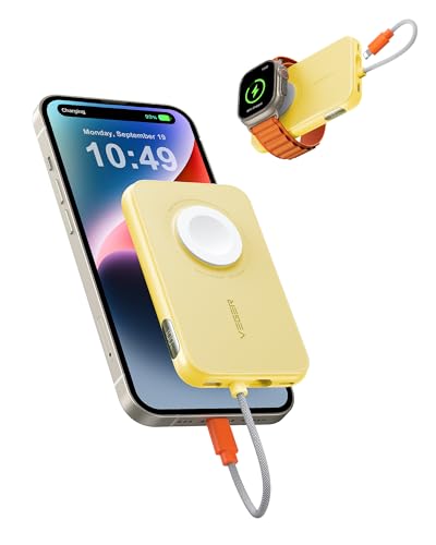 VEGER Mini Power Bank 20W PD, 5000mAh Powerbank mit Eingebautem Apple Kabel, mit Apple Watch Laden, 1x USB-C, Externer Handyakkus LED Display kompatibel mit iPhone, Apple Watch(9-1), Handys usw(Gelb) von VEGER