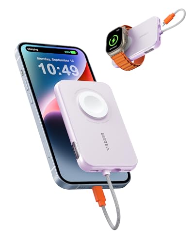 VEGER Mini Power Bank 20W PD, 5000mAh Powerbank mit Eingebautem Apple Kabel, mit Apple Watch Laden, 1x USB-C, Externer Handyakkus LED Display kompatibel mit iPhone, Apple Watch(9-1), Handys usw(Lila) von VEGER