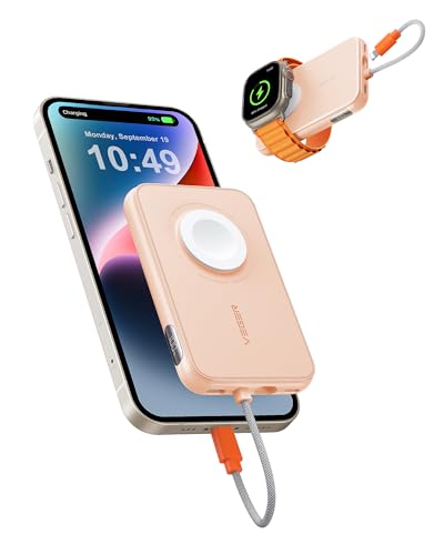 VEGER Mini Power Bank 20W PD, 5000mAh Powerbank mit Eingebautem Apple Kabel, mit Apple Watch Laden, 1x USB-C, Externer Handyakkus LED Display kompatibel mit iPhone, Apple Watch(8-1), Handys usw(Rosa) von VEGER