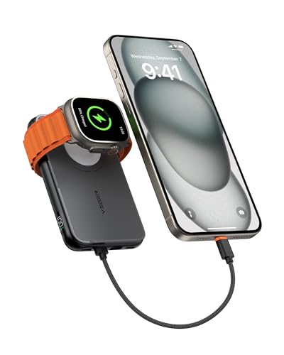 VEGER Mini Power Bank 20W PD,10000mAh Powerbank mit Eingebautem Apple auf USB C Kabel, mit Apple Watch Laden, 2X USB-C, Externer Handyakku mit LED kompatibel mit iPhone, Apple Watch(9-1), Handys usw von VEGER