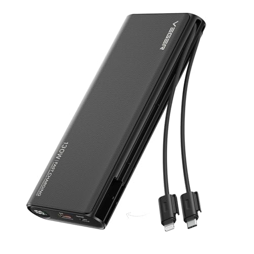 VEGER Power Bank Laptop, Max 130W 25000mAh Powerbank mit Eingebautem Kabel, Schnelles Aufladen USB C Externer Handyakkus mit LED Display, kompatibel mit MacBook,Laptop,Tablet,iPhone,Samsung usw von VEGER