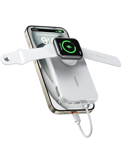 VEGER Power Bank Mini 20W PD,Powerbank 10000mAh mit integriertem USB-C und Apple Kabel, mit Apple Watch und USB C Laden, Externe Akku mit Led kompatibel mit iPhone, Apple Watch(8-1), USB C Handy(Weiß von VEGER